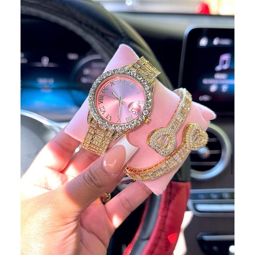 Gold and pink watch bracelet heart set 7inch
